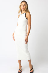 White Knit Contrast Trim Midi Dress