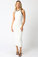 White Knit Contrast Trim Midi Dress
