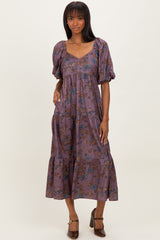Dark Mauve Floral Bubble Sleeve Tiered Maxi Dress
