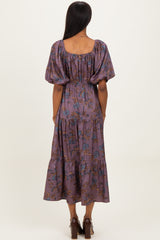 Dark Mauve Floral Bubble Sleeve Tiered Maxi Dress