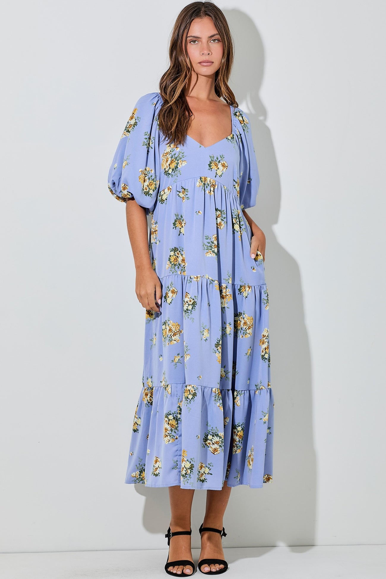Light Blue Floral Puff Sleeve Maternity Tiered Maxi Dress