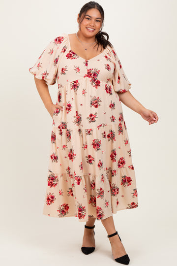 Cream Floral Puff Sleeve Plus Tiered Maxi Dress