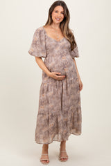 Light Taupe Watercolor Floral Puff Sleeve Tiered Maternity Maxi Dress
