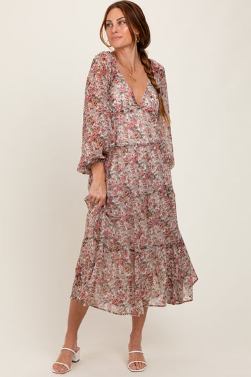 Cream Floral Deep V-Neck Tiered Maxi Dress
