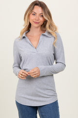 Heather Grey Ribbed Collared Maternity Long Sleeve Top
