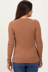 Camel Ribbed V-Neck Long Sleeve Maternity Top