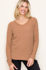 Camel Ribbed V-Neck Long Sleeve Maternity Top