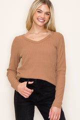 Camel Ribbed V-Neck Long Sleeve Top