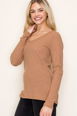 Camel Ribbed V-Neck Long Sleeve Top