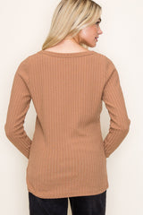 Camel Ribbed V-Neck Long Sleeve Top