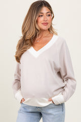 Beige Colorblock V-Neck Maternity Pullover Top