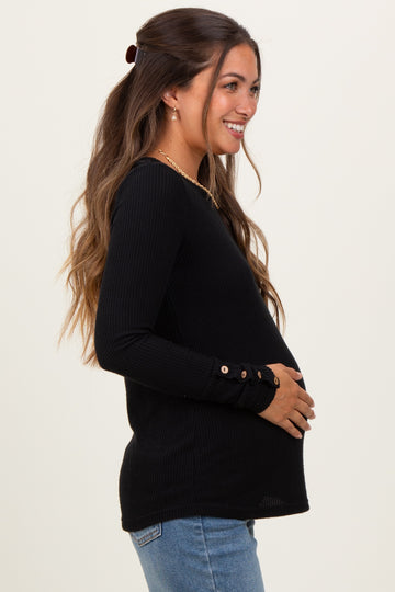 Black Ribbed Knit Button Detail Long Sleeve Maternity Top
