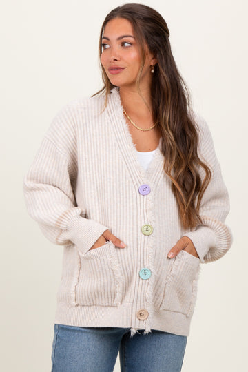 Cream Ribbed Fringe Detail Maternity Button Cardigan