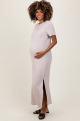 Cream Basic Side Slit Short Sleeve Maternity Midi Dress