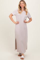 Cream Basic Side Slit Short Sleeve Midi Dress