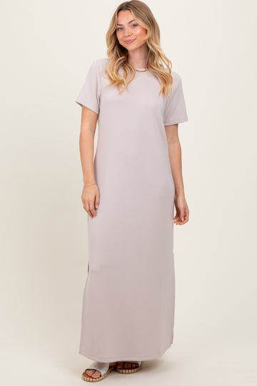 Cream Basic Side Slit Short Sleeve Midi Dress