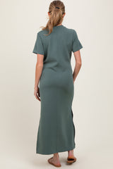 Light Olive Basic Side Slit Short Sleeve Maternity Midi Dress