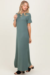 Light Olive Basic Side Slit Short Sleeve Midi Dress