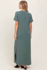 Light Olive Basic Side Slit Short Sleeve Midi Dress