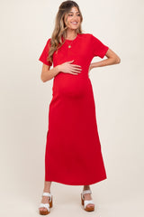 Red Basic Side Slit Short Sleeve Maternity Midi Dress