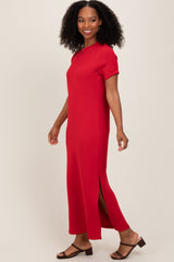 Red Basic Side Slit Short Sleeve Midi Dress