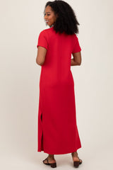 Red Basic Side Slit Short Sleeve Midi Dress