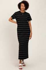 Black Striped Short Sleeve Side Slit Midi Dress