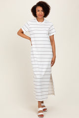 Ivory Striped Short Sleeve Side Slit Midi Dress