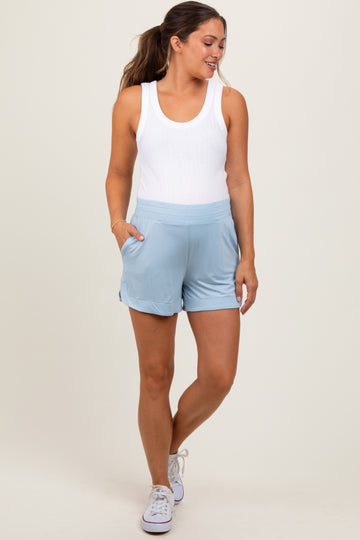 Light Blue Basic Rounded Hem Maternity Shorts