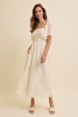Cream Floral Applique Flutter Sleeved Midi Dress