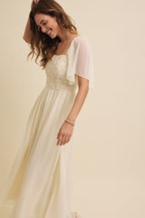 Cream Floral Applique Flutter Sleeved Midi Dress