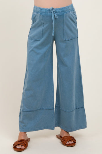Blue Mineral Wash Wide Leg Ankle Maternity Pants