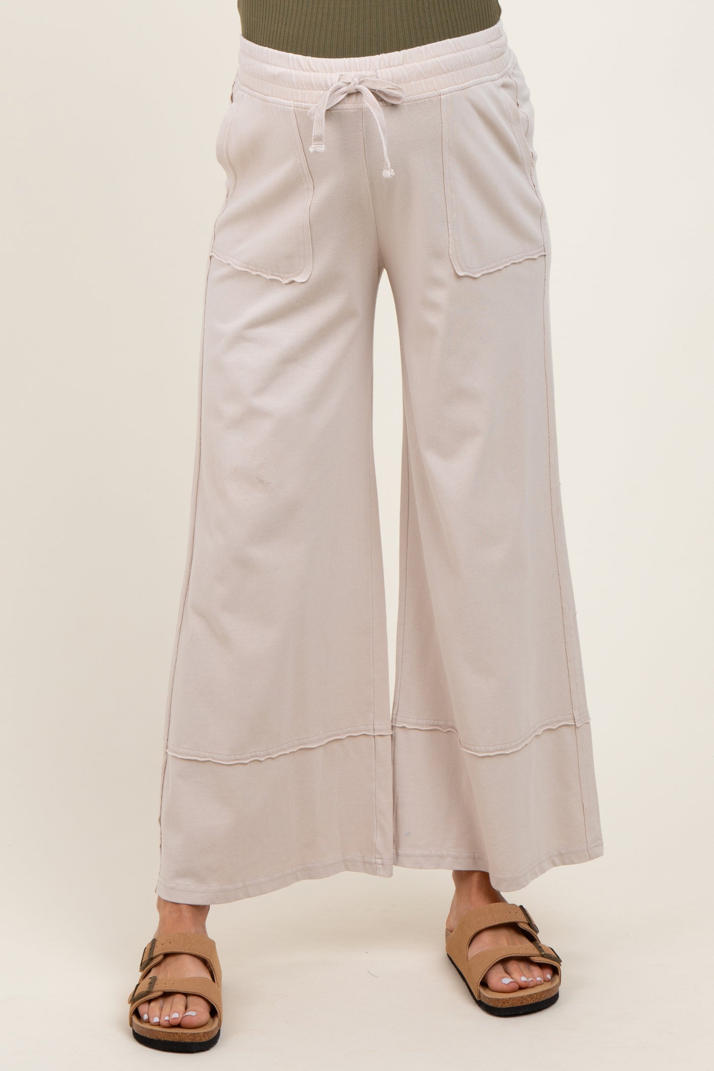 Cream Mineral Wash Wide Leg Ankle Maternity Pants