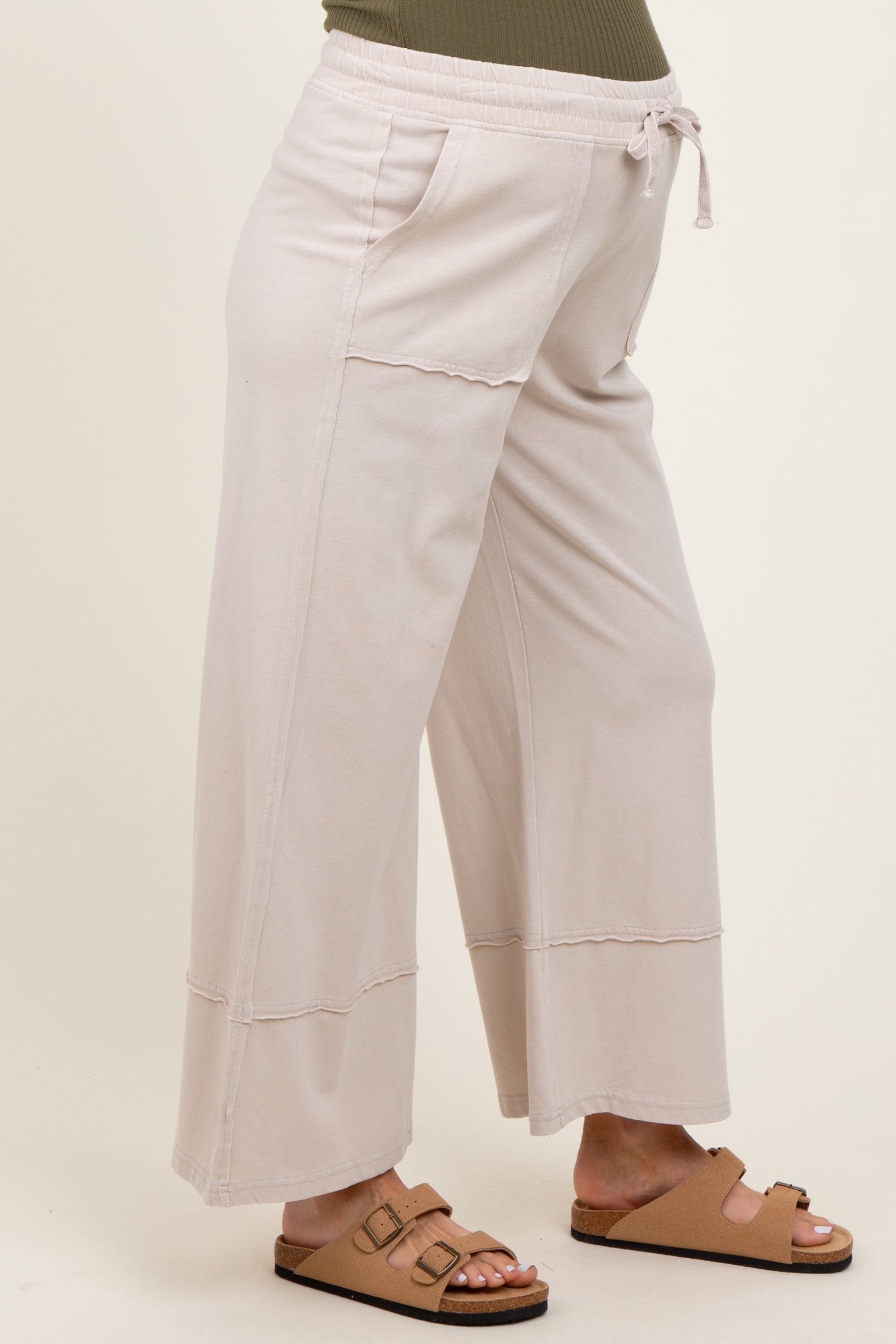 Cream Mineral Wash Wide Leg Ankle Maternity Pants