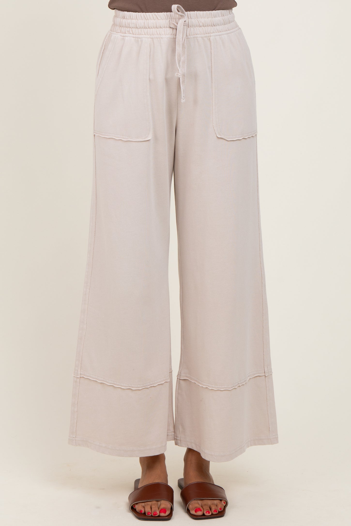 Cream Mineral Wash Wide Leg Ankle Pants
