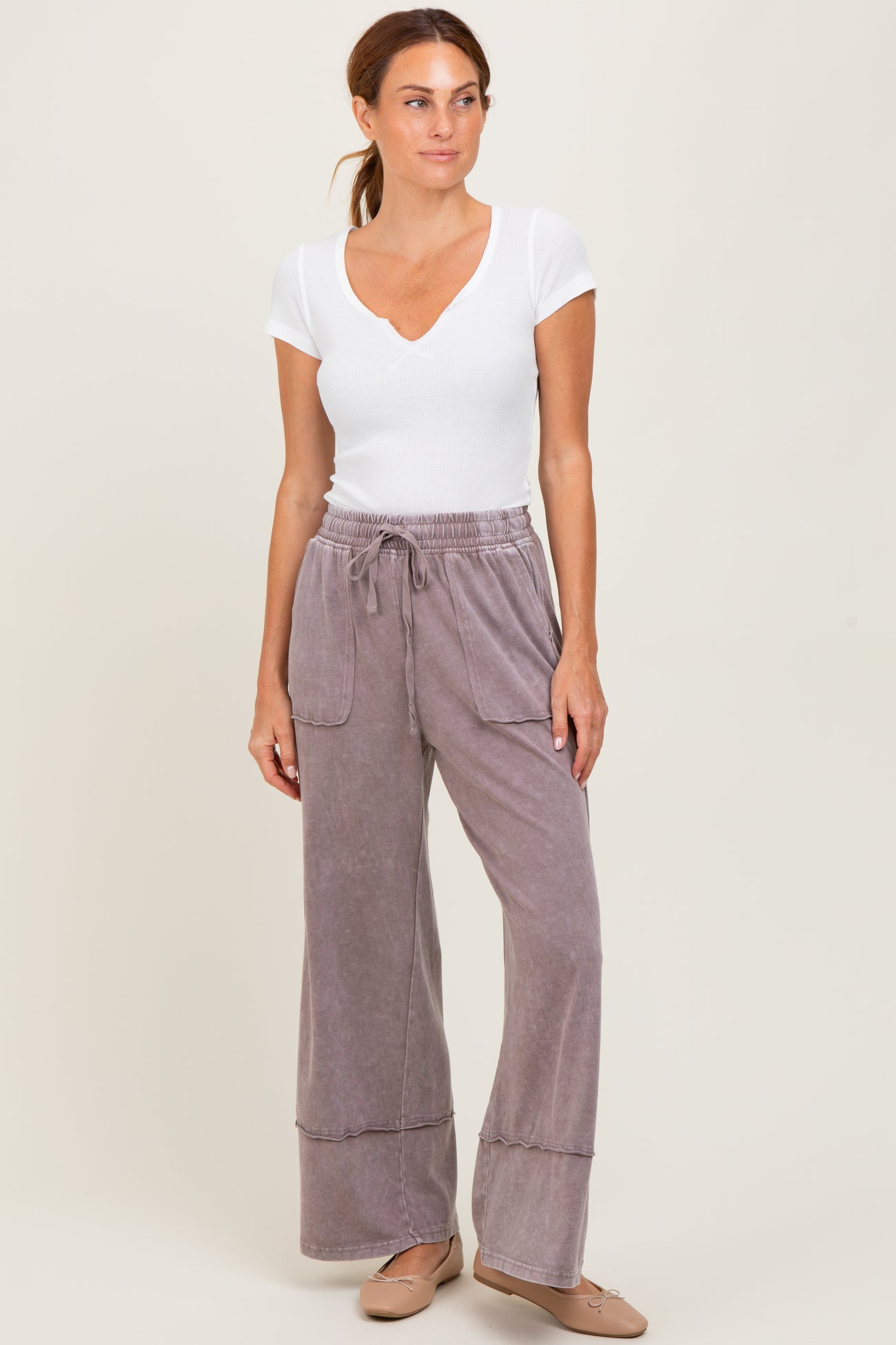 Mocha Mineral Wash Wide Leg Ankle Maternity Pants