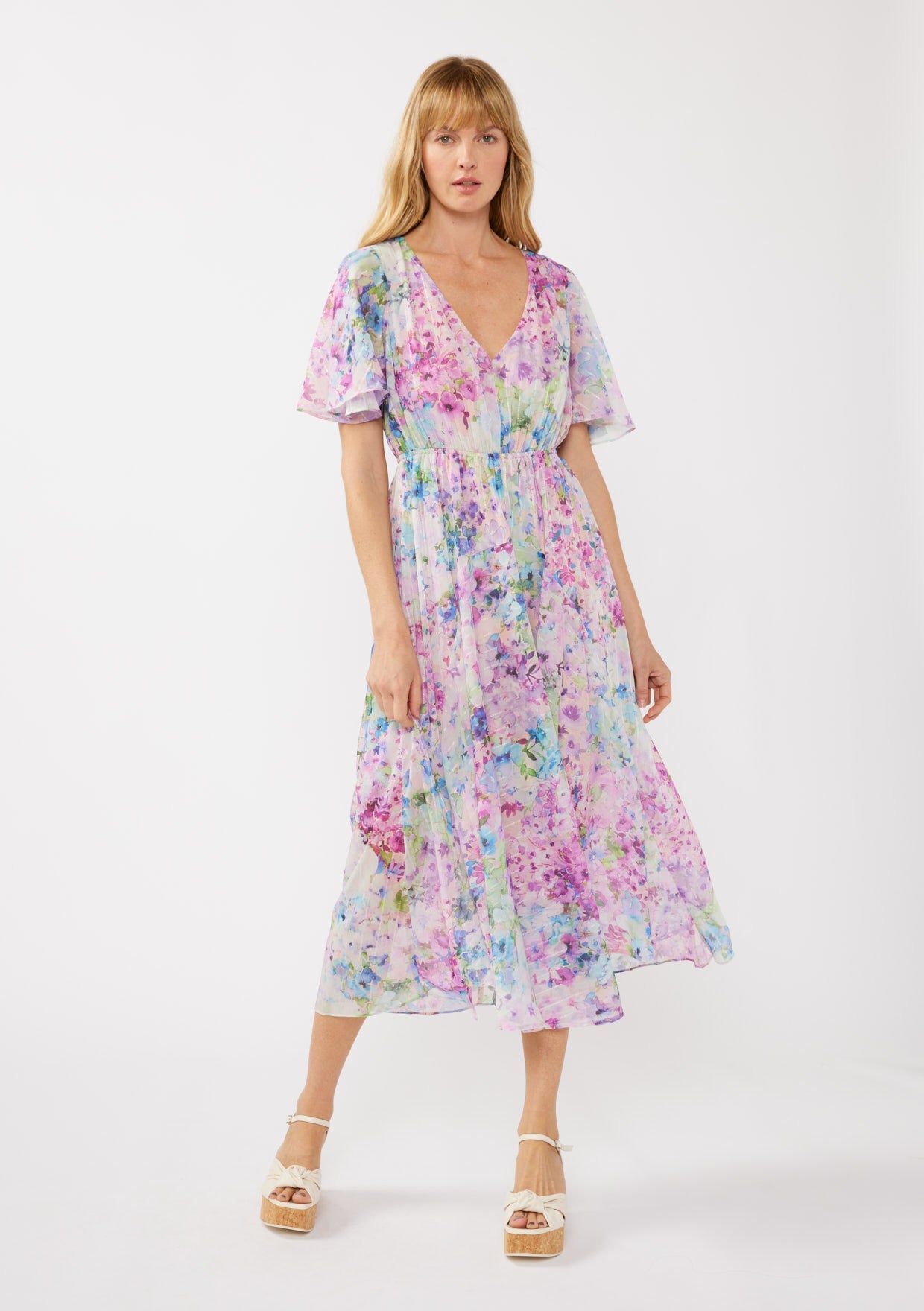 Light Pink Watercolor Floral Flutter Sleeve Midi Dress