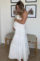 Ivory Crochet Trim Tiered Maternity Maxi Dress