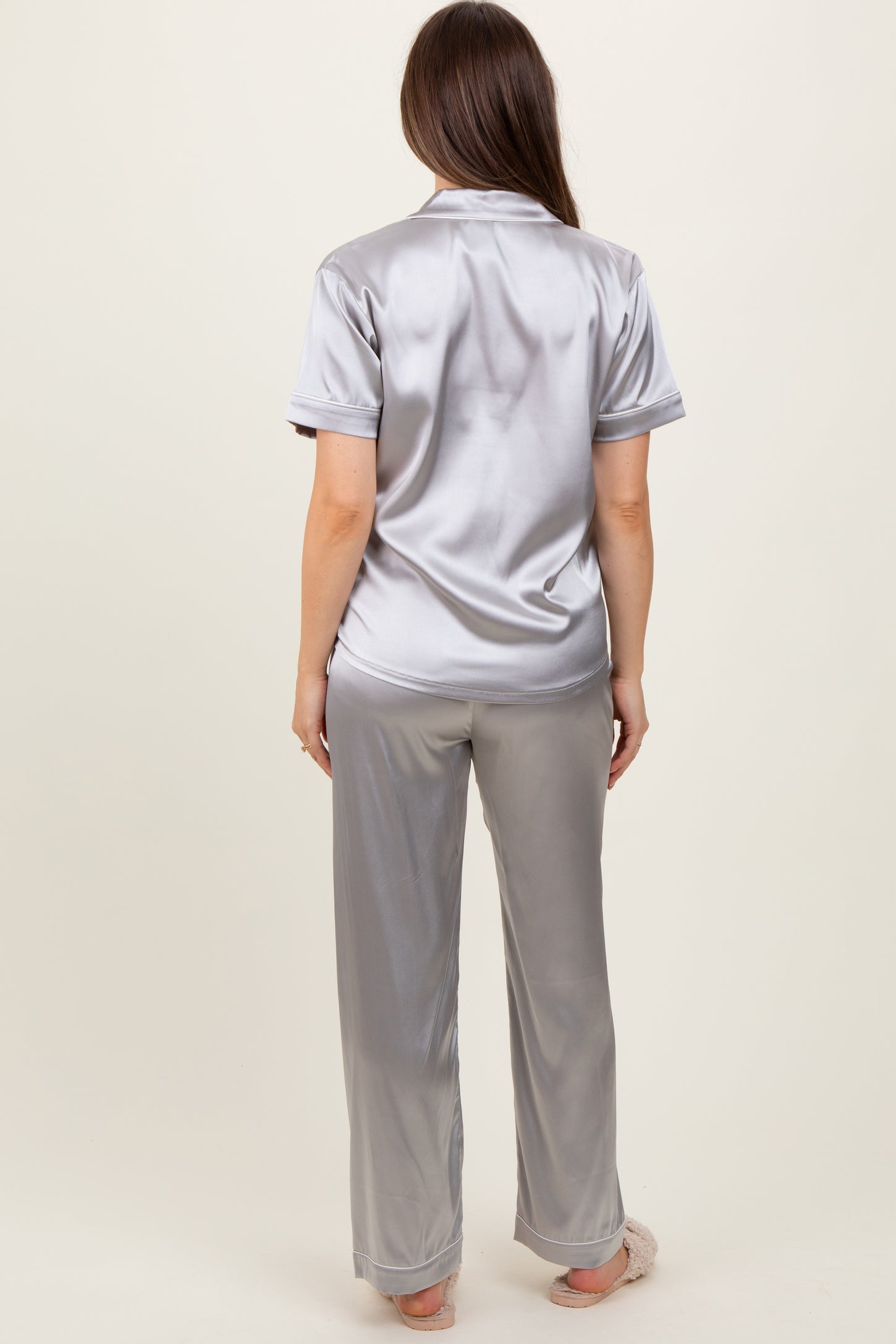 Silver Satin Contrast Trim Maternity Pajama Set