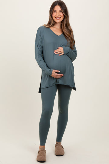 Light Olive Brushed Knit Maternity Oversized Top and Legging Set