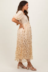 Cream Embroidered Sequin Detail Mesh Overlay Maternity Maxi Dress