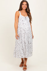 White Floral Outline Print Sleeveless Maternity Midi Dress