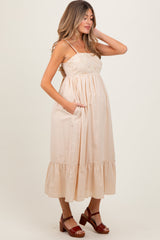 Beige Floral Embroidery Back Ribbon Maternity Midi Dress