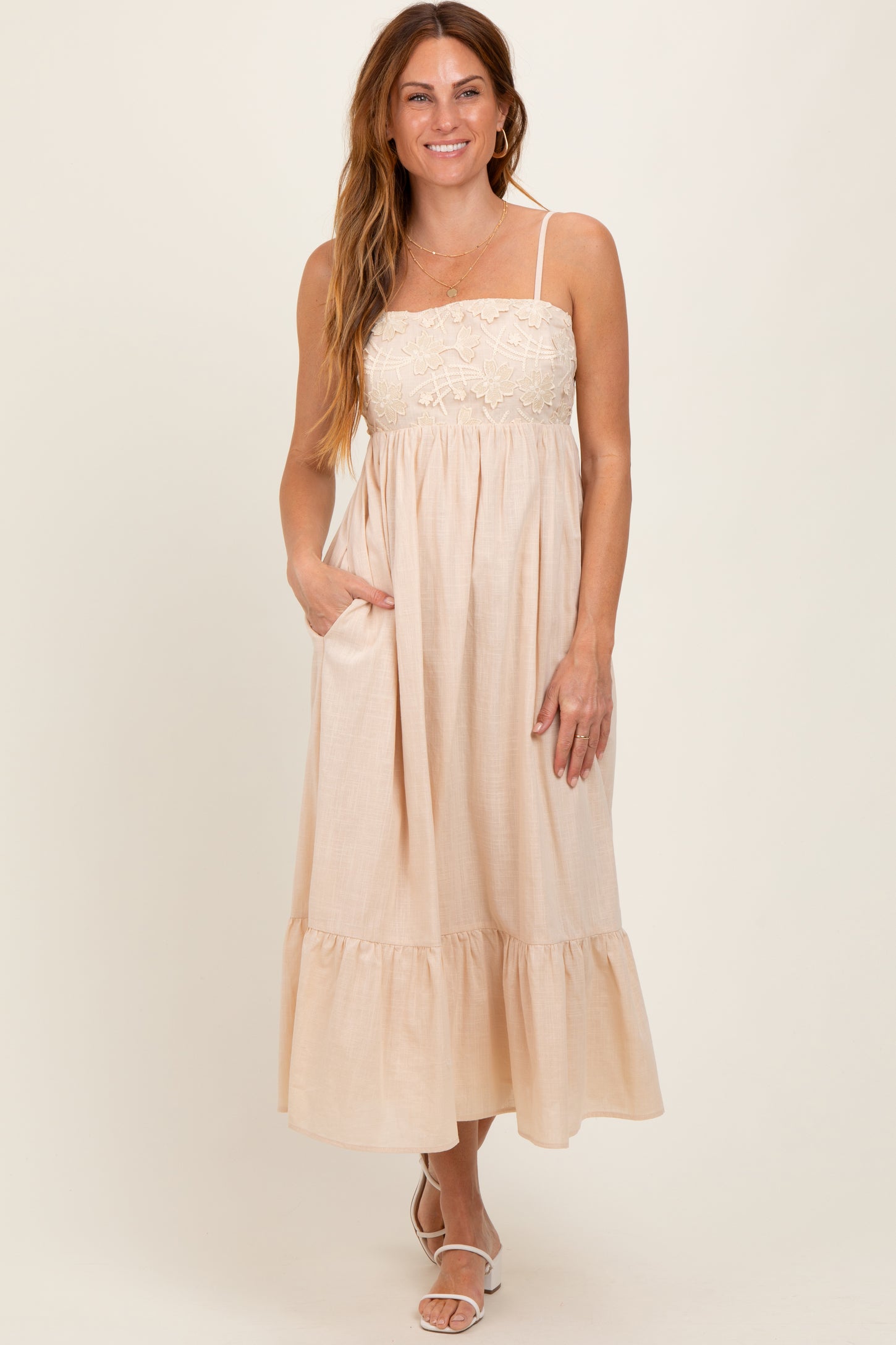 Beige Floral Embroidery Back Ribbon Maternity Midi Dress