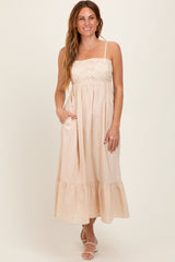 Beige Floral Embroidery Back Ribbon Maternity Midi Dress