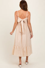 Beige Floral Embroidery Back Ribbon Midi Dress