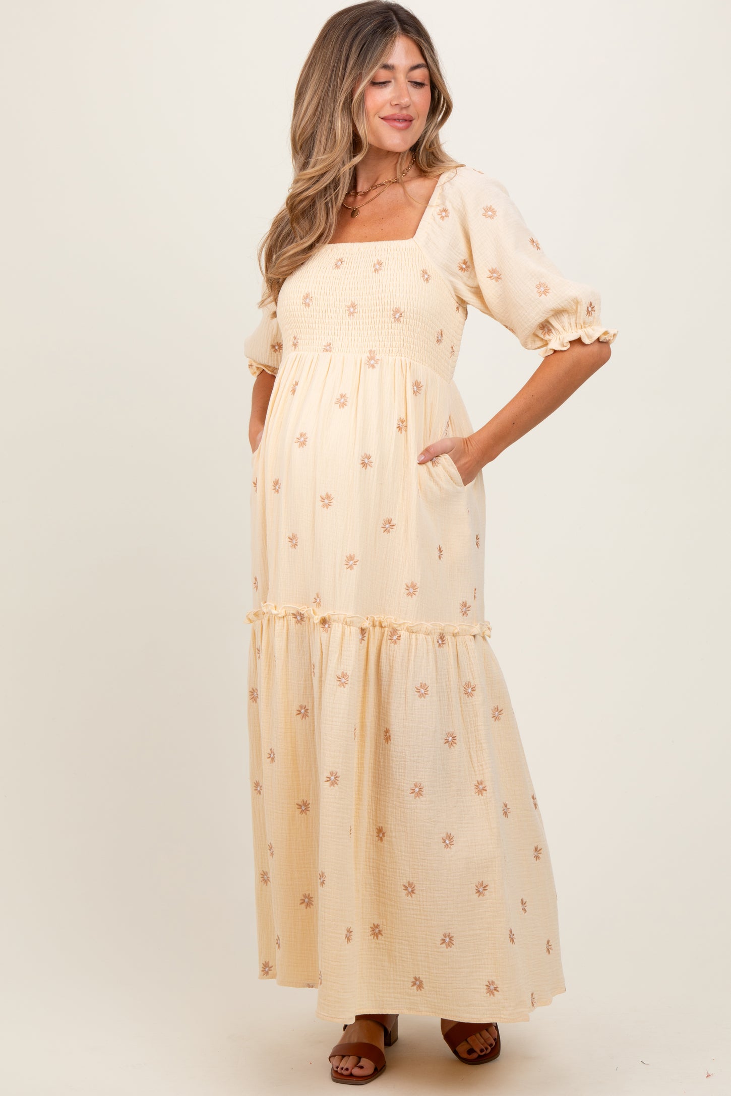Cream Floral Smocked Puff Sleeve Maternity Maxi Dress