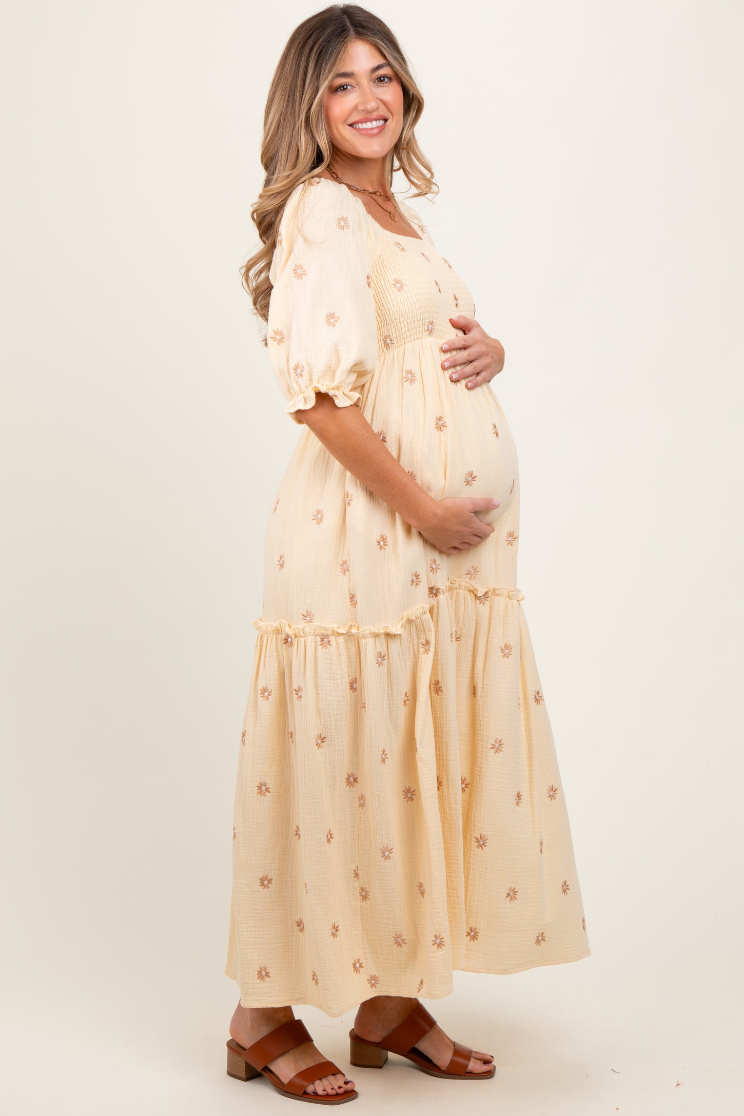 Cream Floral Smocked Puff Sleeve Maternity Maxi Dress