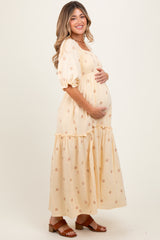 Cream Floral Smocked Puff Sleeve Maternity Maxi Dress