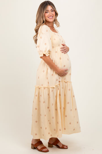 Cream Floral Smocked Puff Sleeve Maternity Maxi Dress